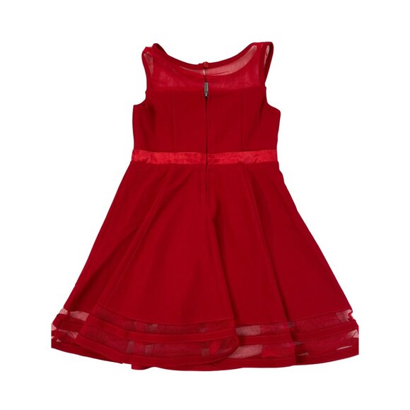 Calvin Klein Girls Red Fit & Flare Dress With Sheer Mesh Details & Bow Accent Si - Picture 4 of 11
